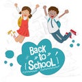Cheerful students are happy to go back to school. Schoolchildren in school uniform. Vector illustration on the topic of education